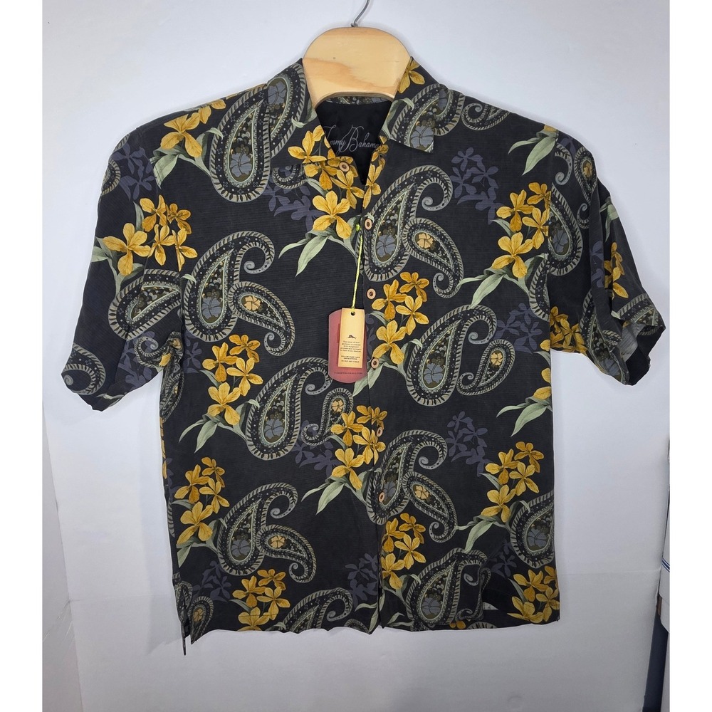 Tommy Bahama Mens Large Silk Paisley Floral Camp Shirt Black Yellow T32726 NWT